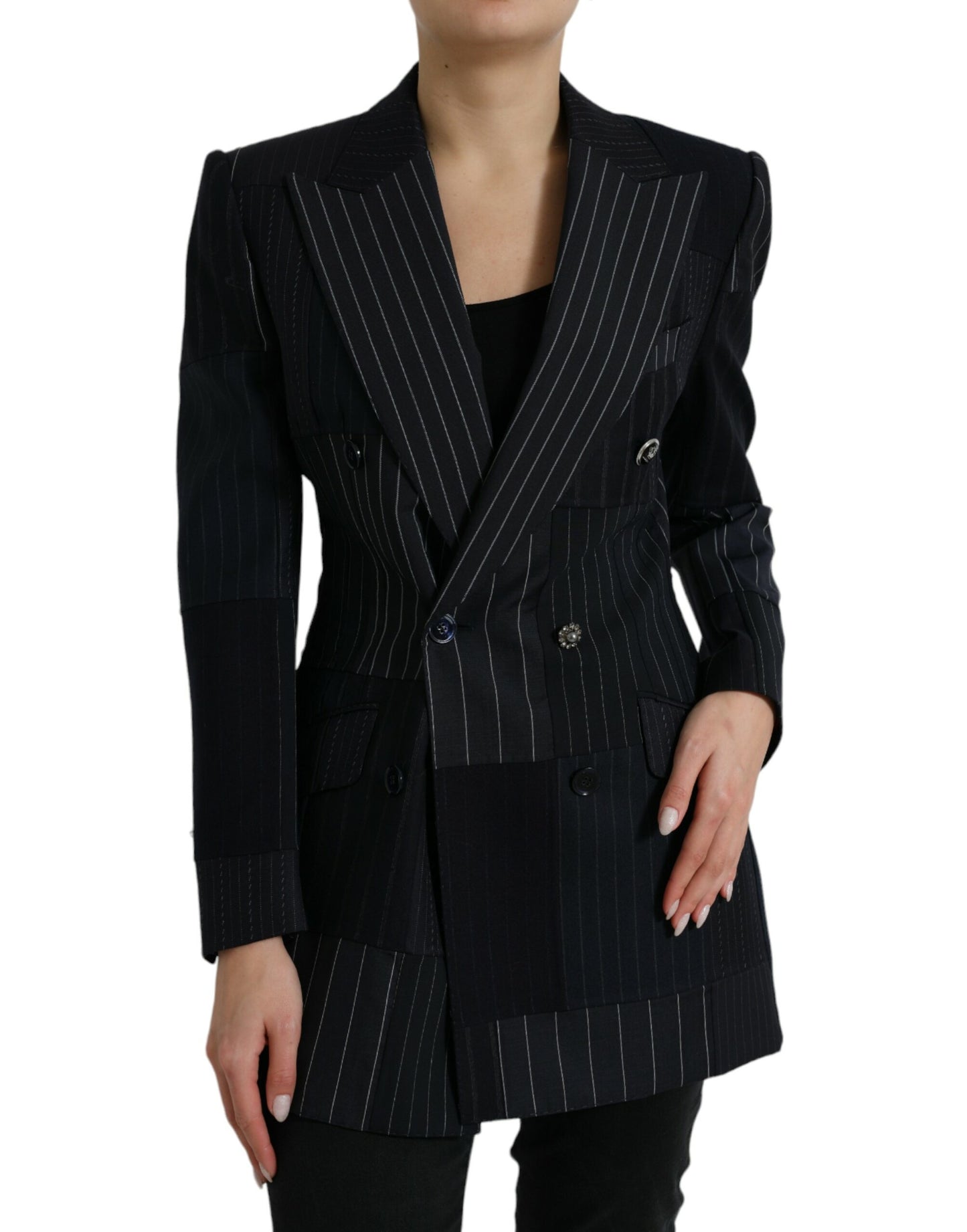 Dolce & Gabbana Black Striped Wool DoubleBreasted Coat Jacket