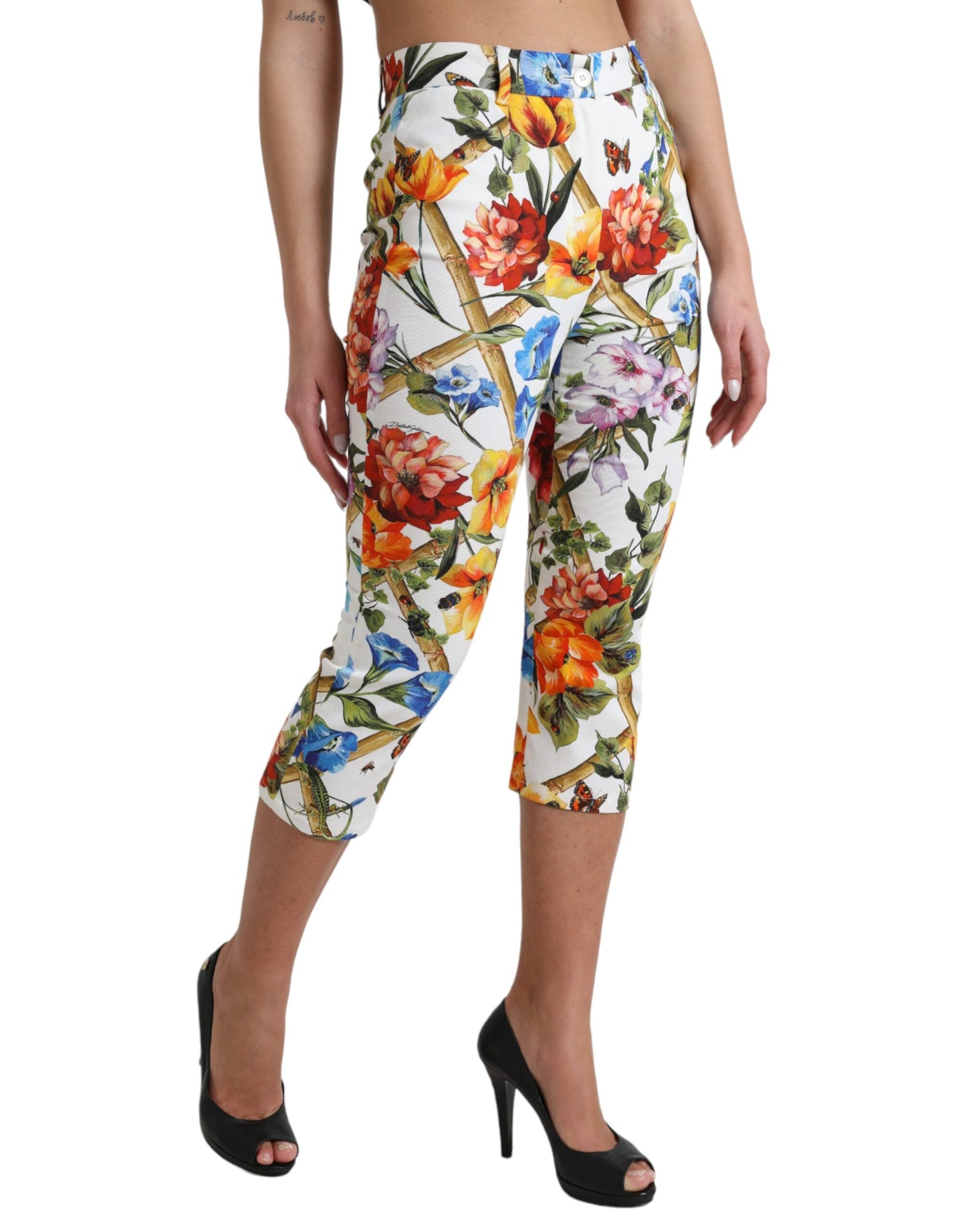 Dolce & Gabbana White Majolica Print High Waist Cropped Pants