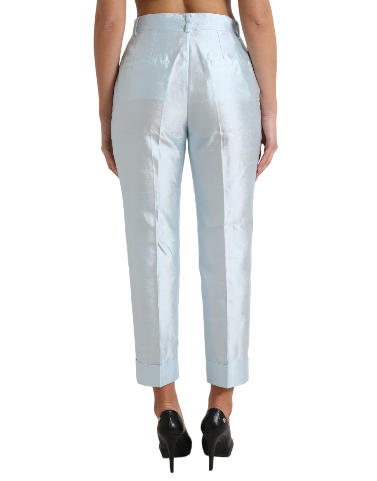 Dolce & Gabbana Sky Blue Silk High Waist Folded Hem Pants