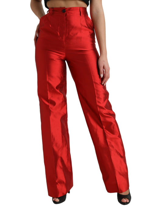 Dolce & Gabbana Red Satin Silk High Waist Wide Leg Pants