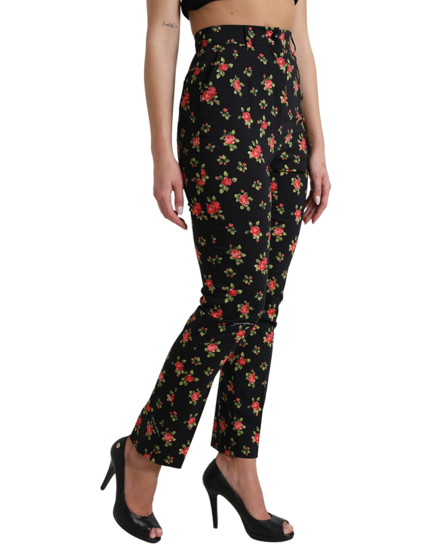 Dolce & Gabbana Black Floral Wool High Waist Tapered Pants