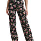 Dolce & Gabbana Black Floral Wool High Waist Wide Leg Pants