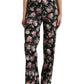 Dolce & Gabbana Black Floral Wool High Waist Wide Leg Pants