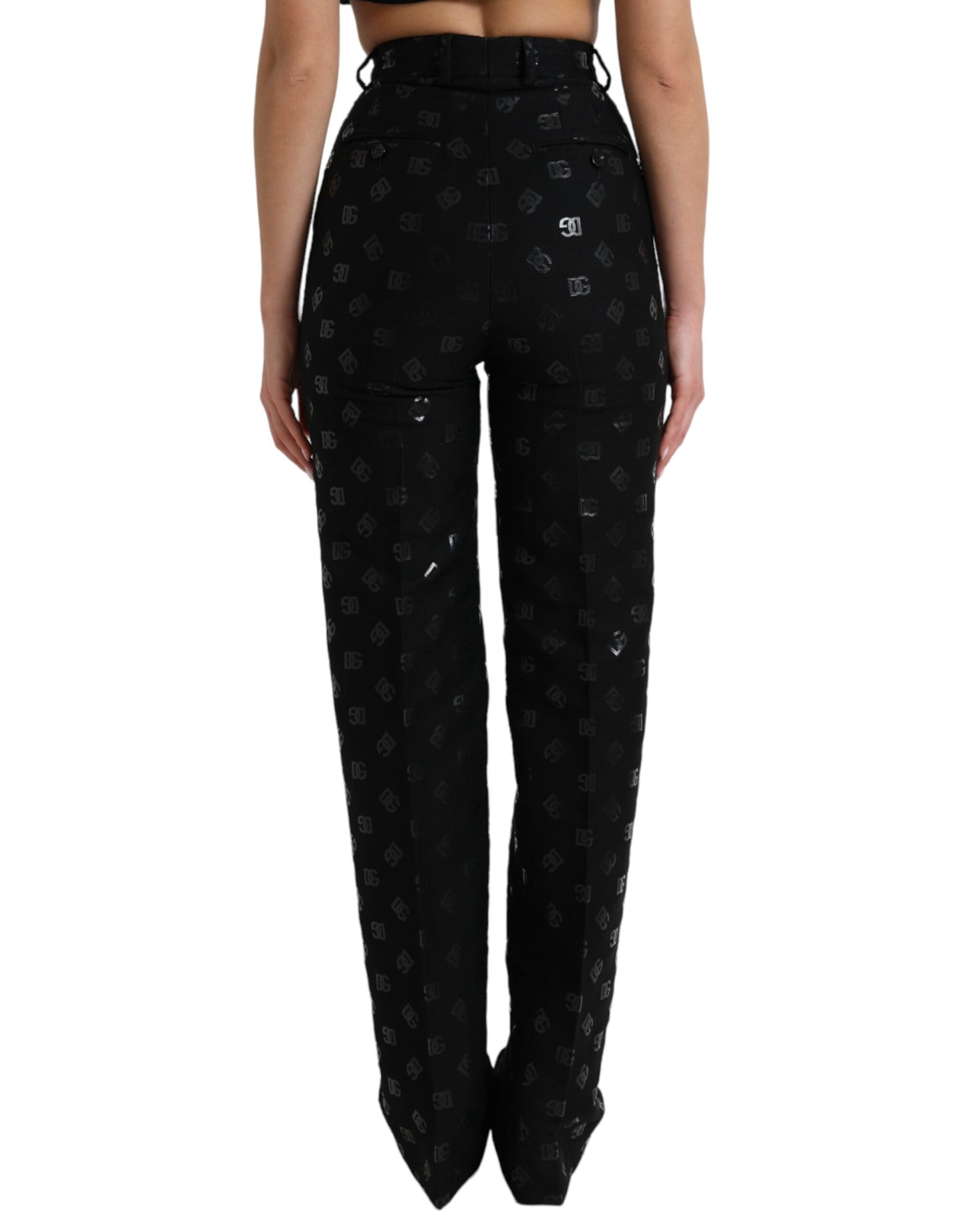 Dolce & Gabbana Black Wool DG Logo High Waist Straight Pants