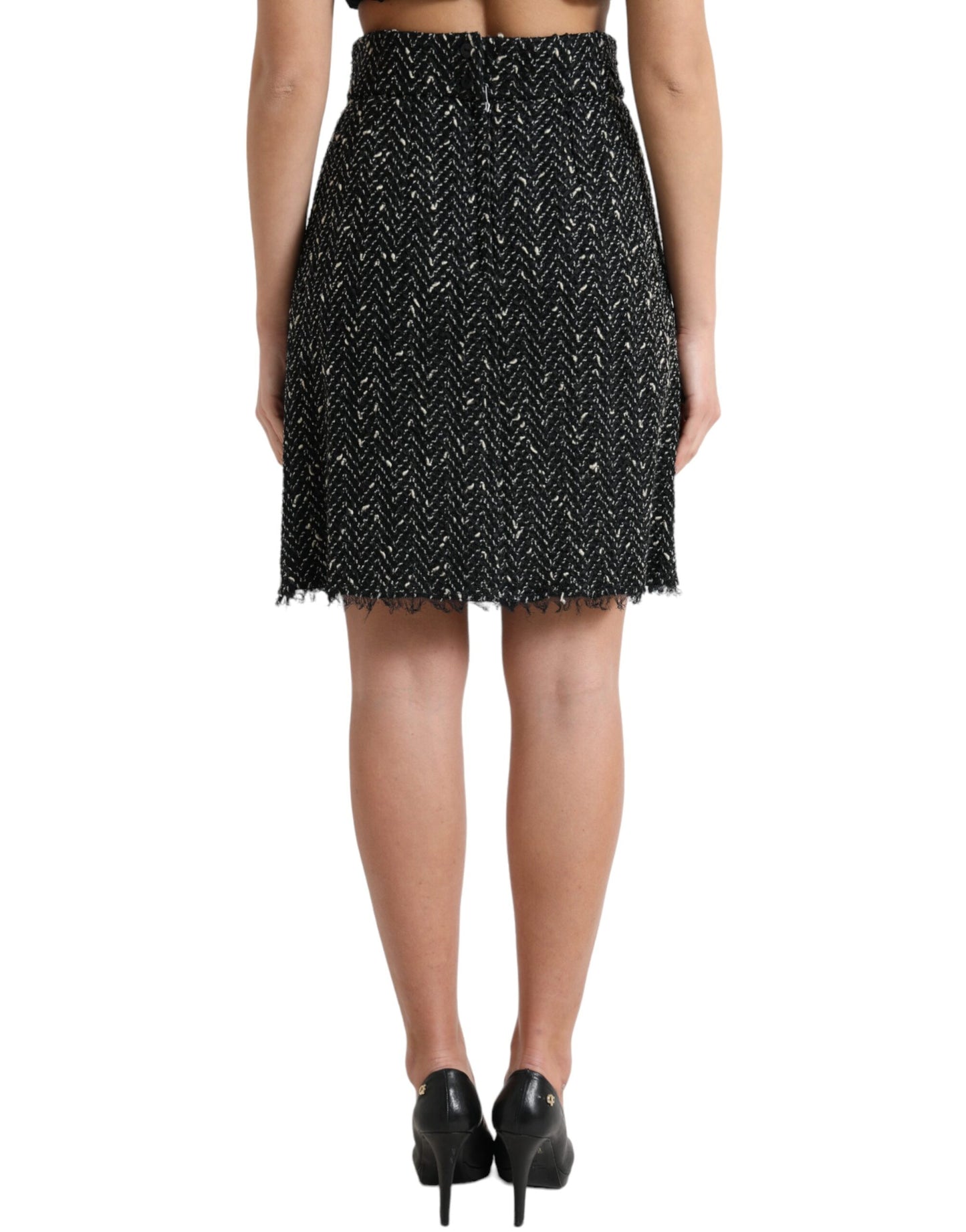 Dolce & Gabbana Black Wool Knit Tweed High Waist Mini Skirt