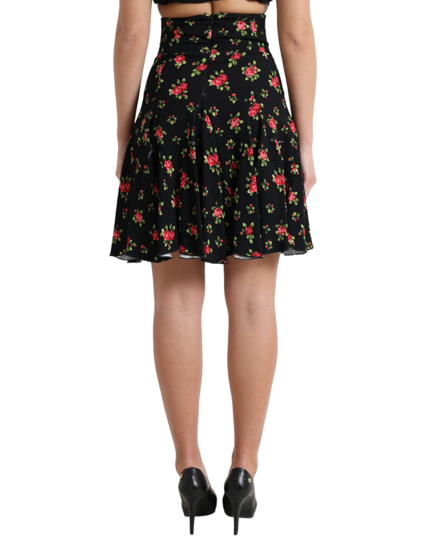 Dolce & Gabbana Black Rose Print High Waist A-line Mini Skirt