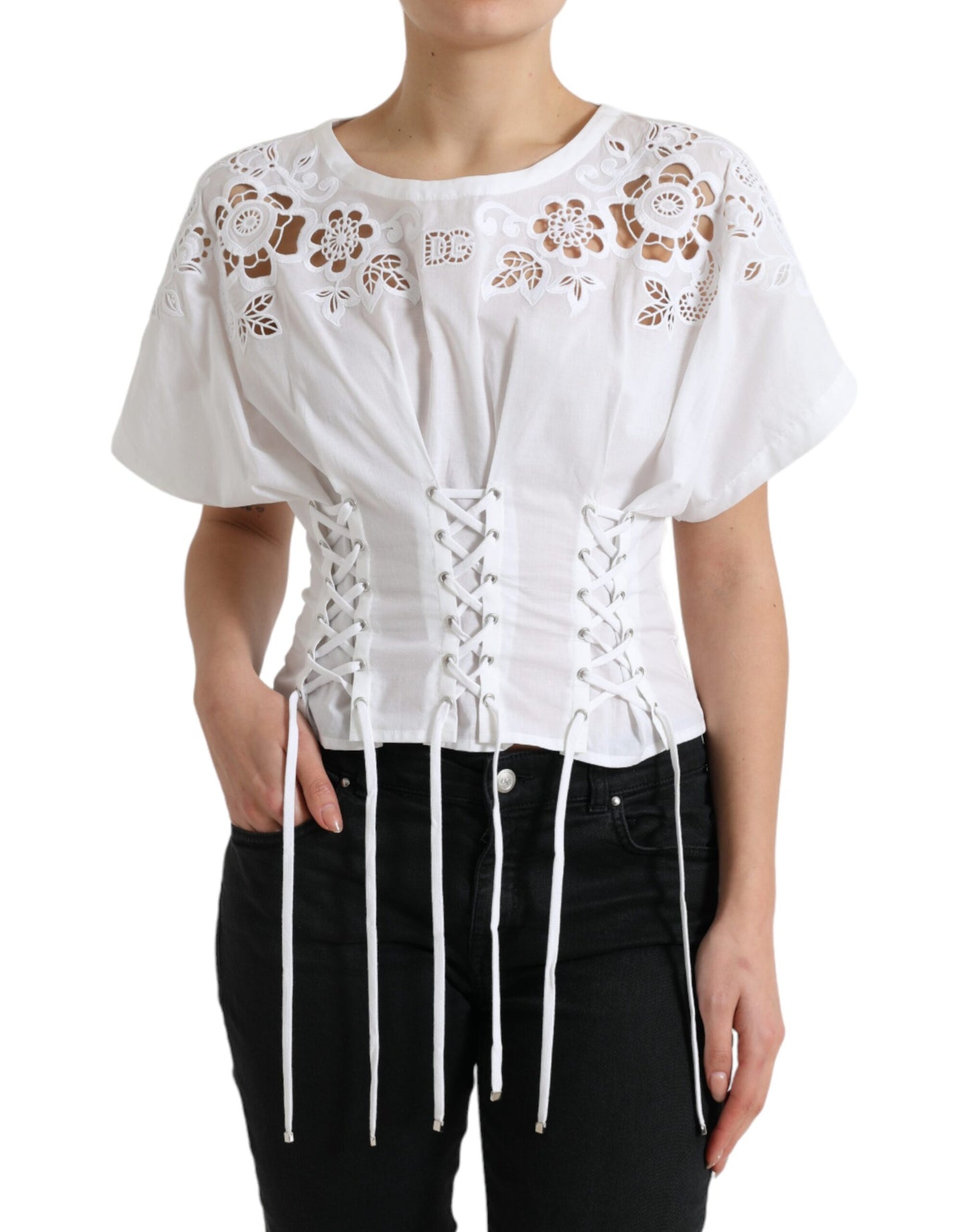 Dolce & Gabbana Elegant White Floral Lace-Up Corset Blouse