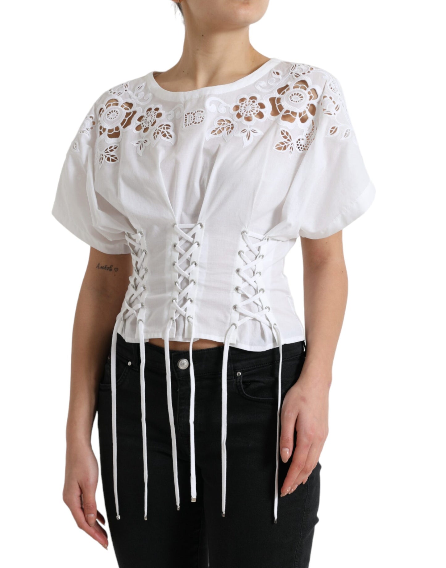 Dolce & Gabbana Elegant White Floral Lace-Up Corset Blouse