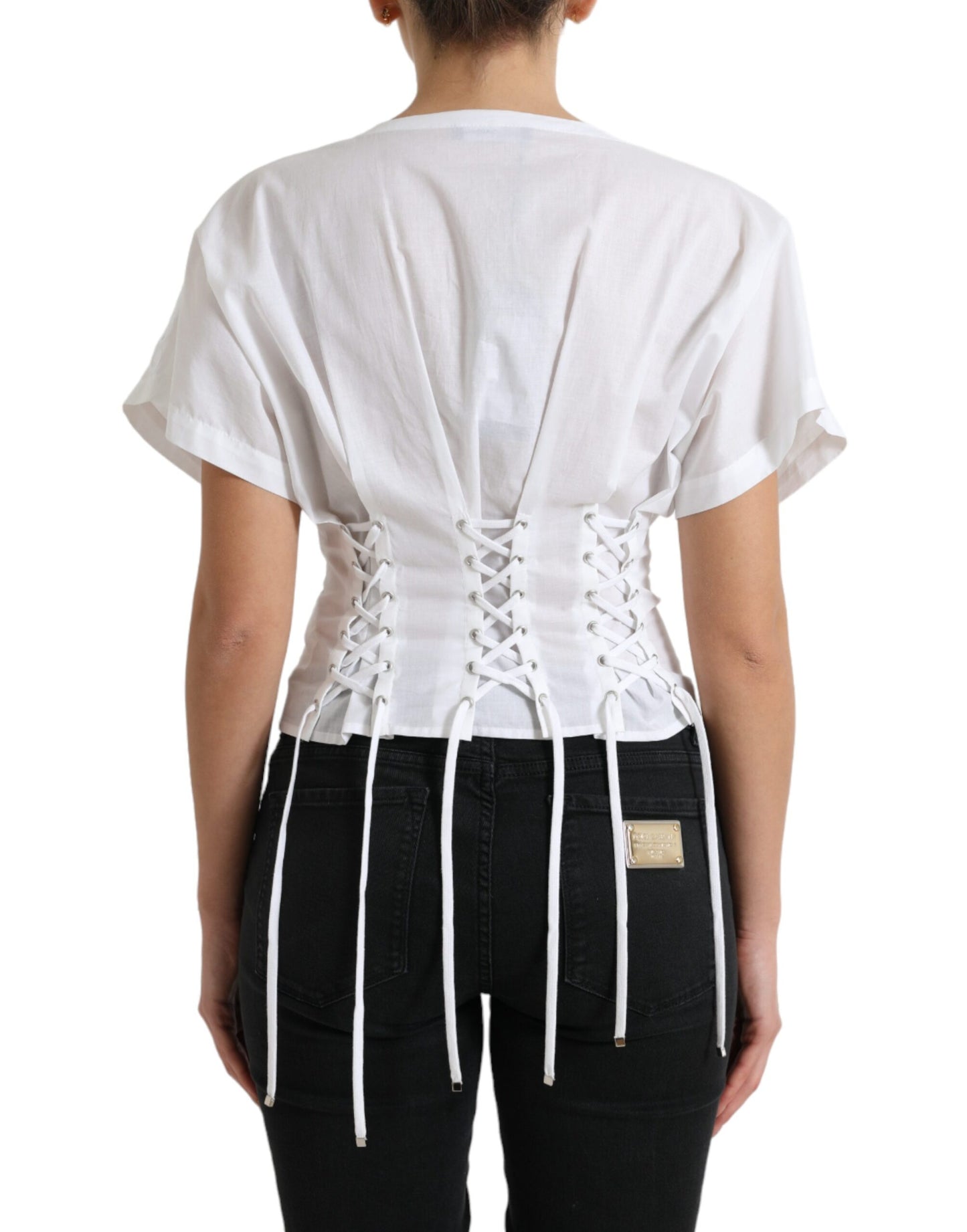 Dolce & Gabbana Elegant White Floral Lace-Up Corset Blouse