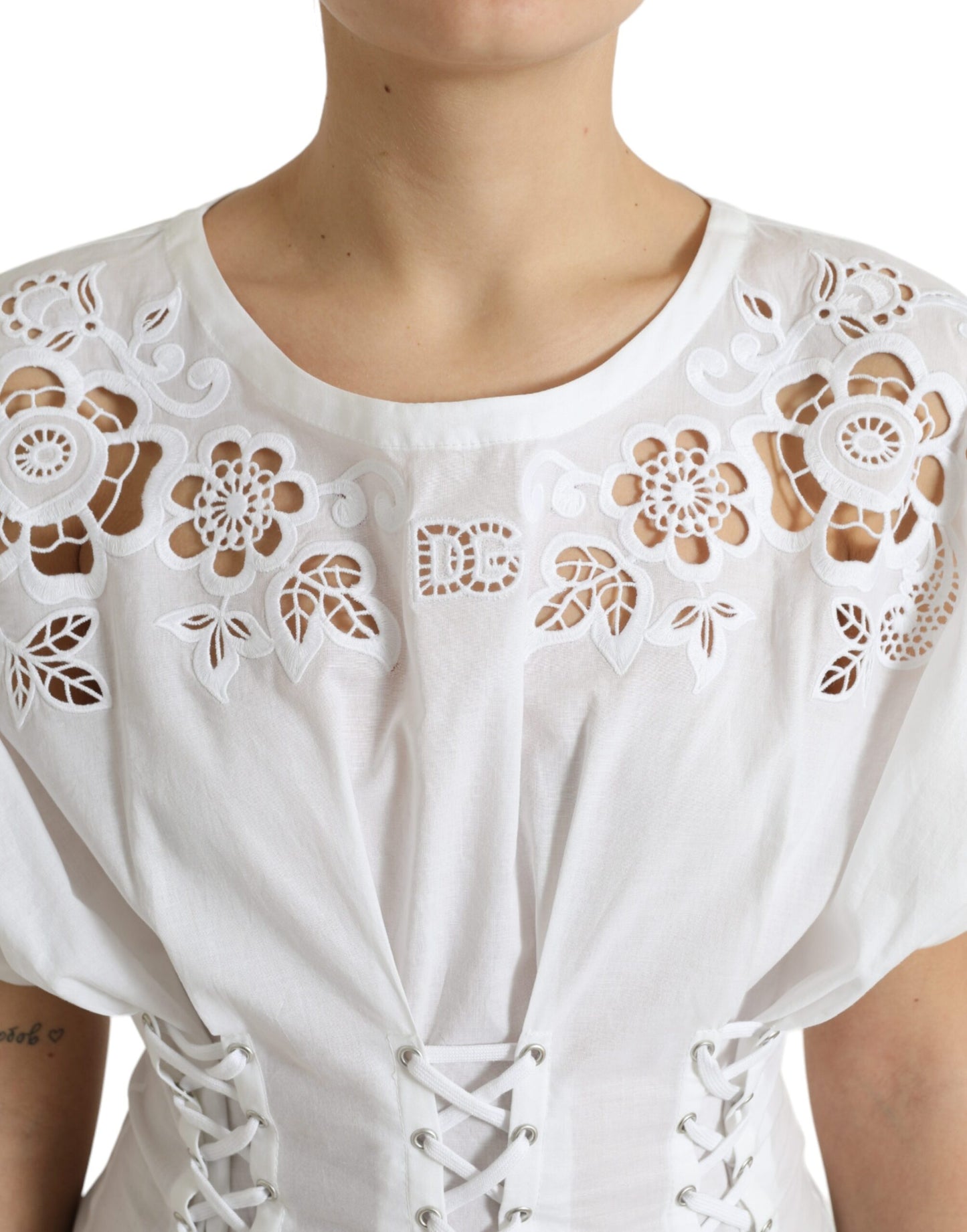 Dolce & Gabbana Elegant White Floral Lace-Up Corset Blouse