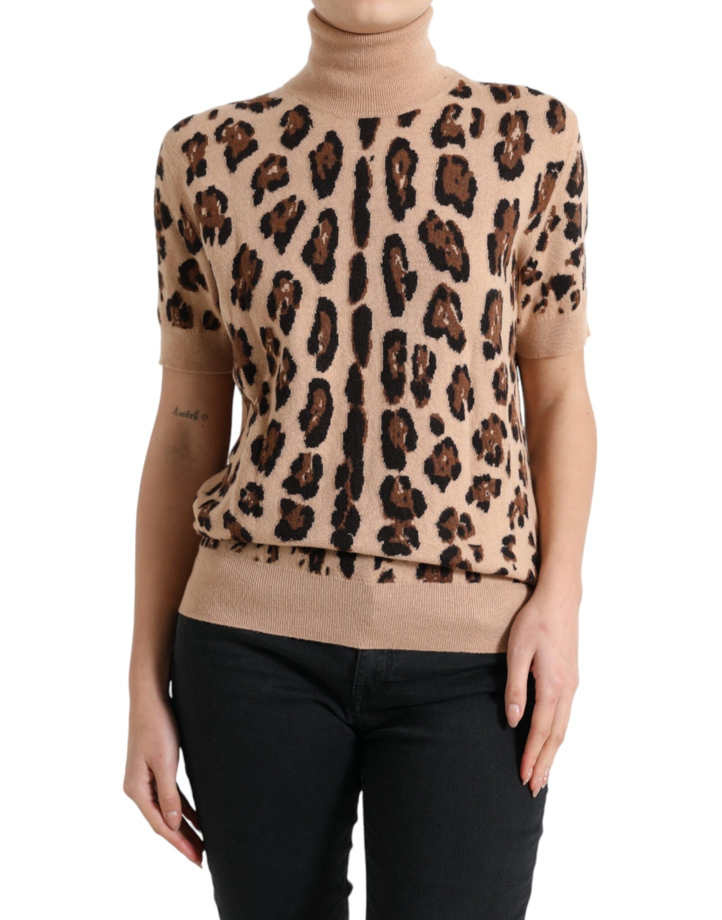 Dolce & Gabbana Beige Leopard Print Wool Turtleneck Top