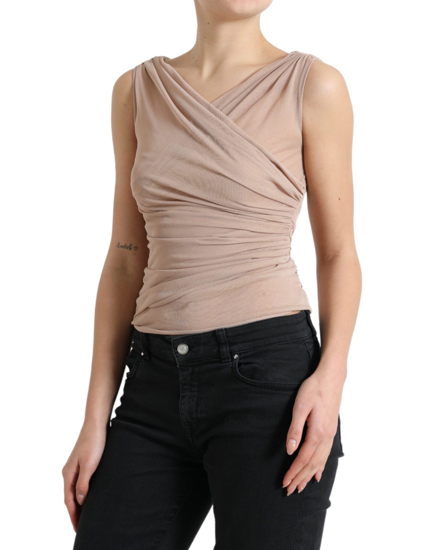 Dolce & Gabbana Elegant Beige V-Neck Sleeveless Sheer Top