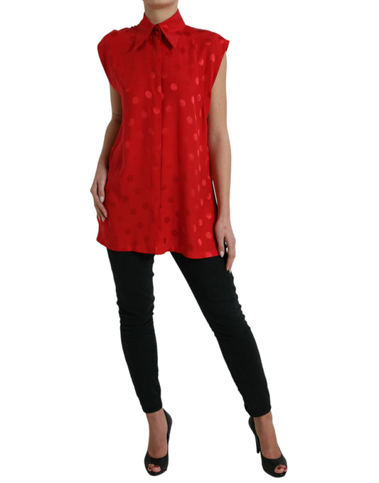 Dolce & Gabbana Red Polka Dot Sleeveless Collared Blouse Top