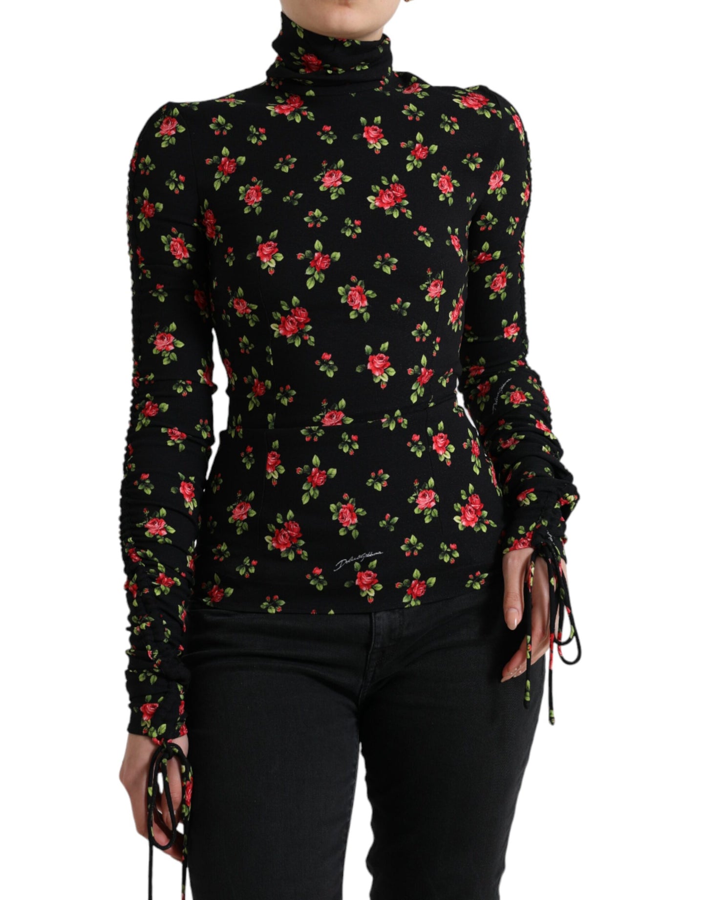 Dolce & Gabbana Black Rose Tie Sleeve Turtleneck Blouse Top