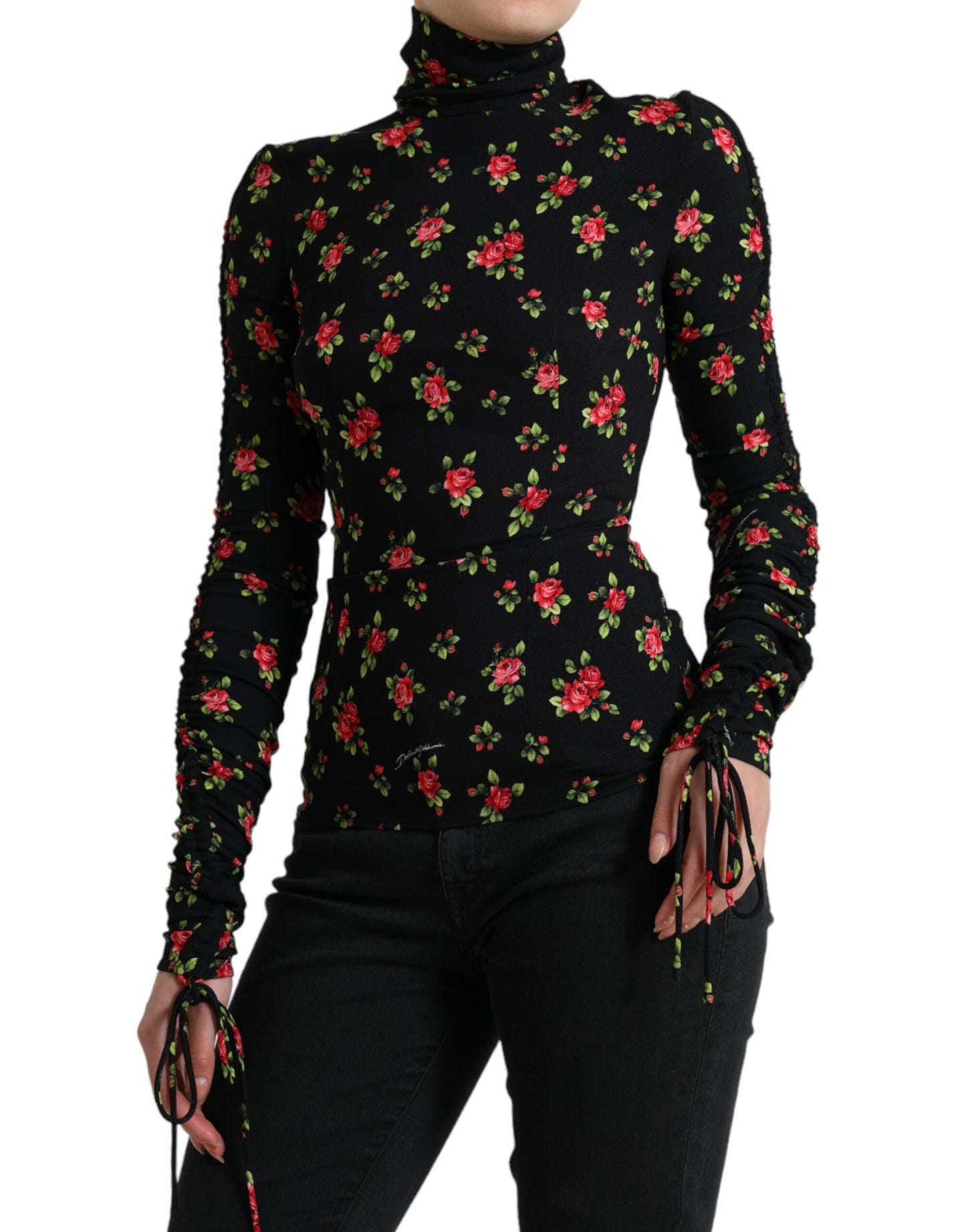 Dolce & Gabbana Black Rose Tie Sleeve Turtleneck Blouse Top