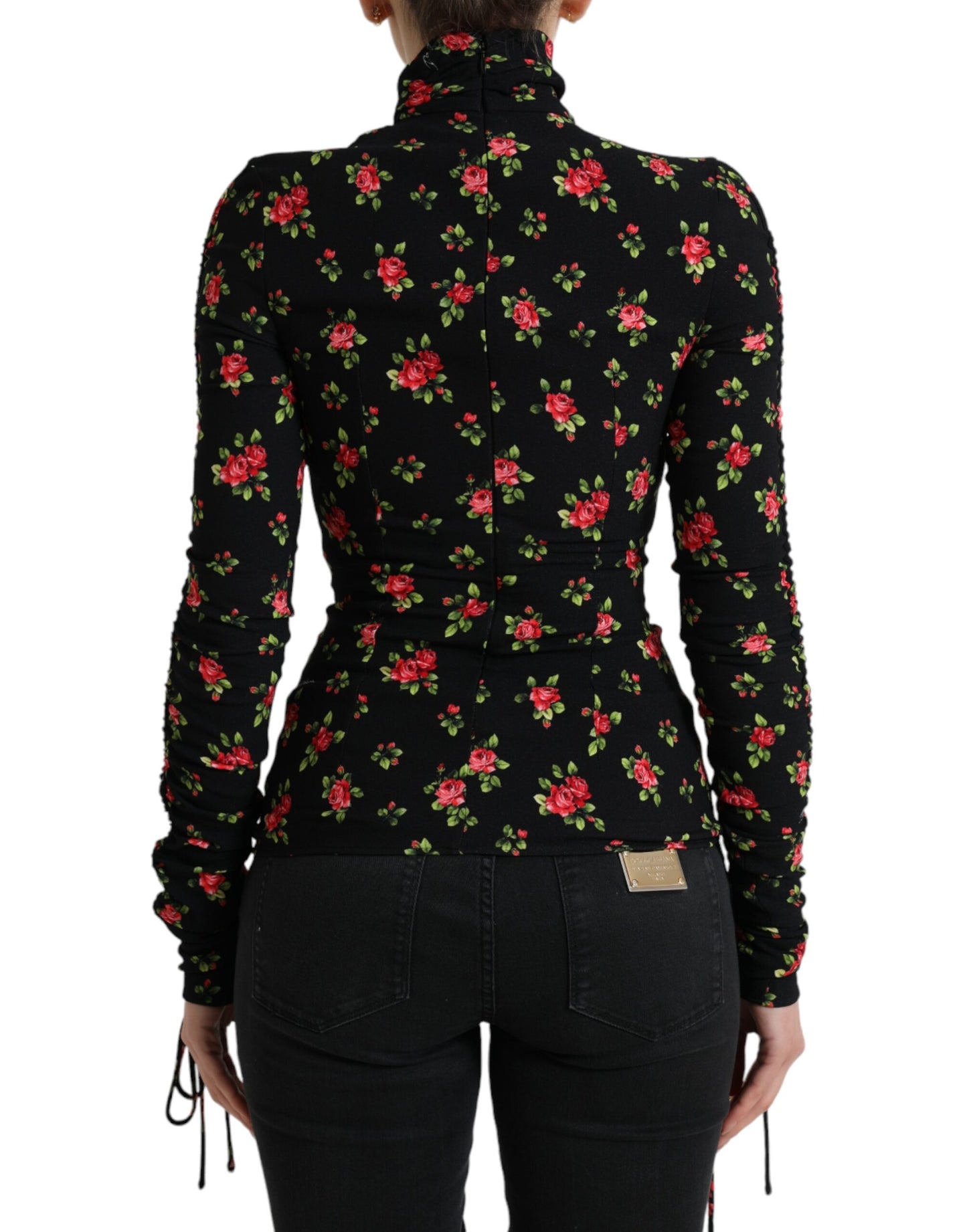 Dolce & Gabbana Black Rose Tie Sleeve Turtleneck Blouse Top