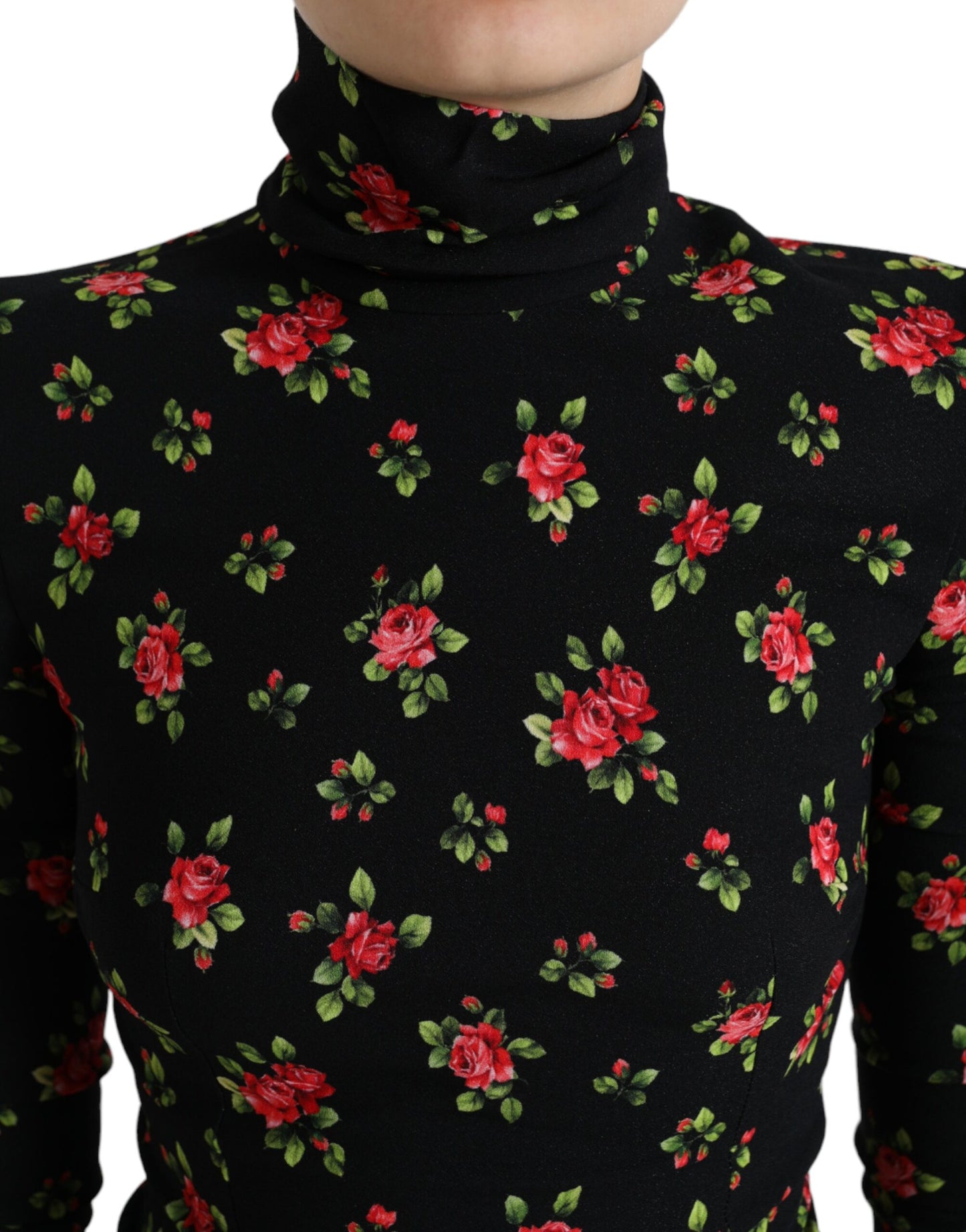 Dolce & Gabbana Black Rose Tie Sleeve Turtleneck Blouse Top