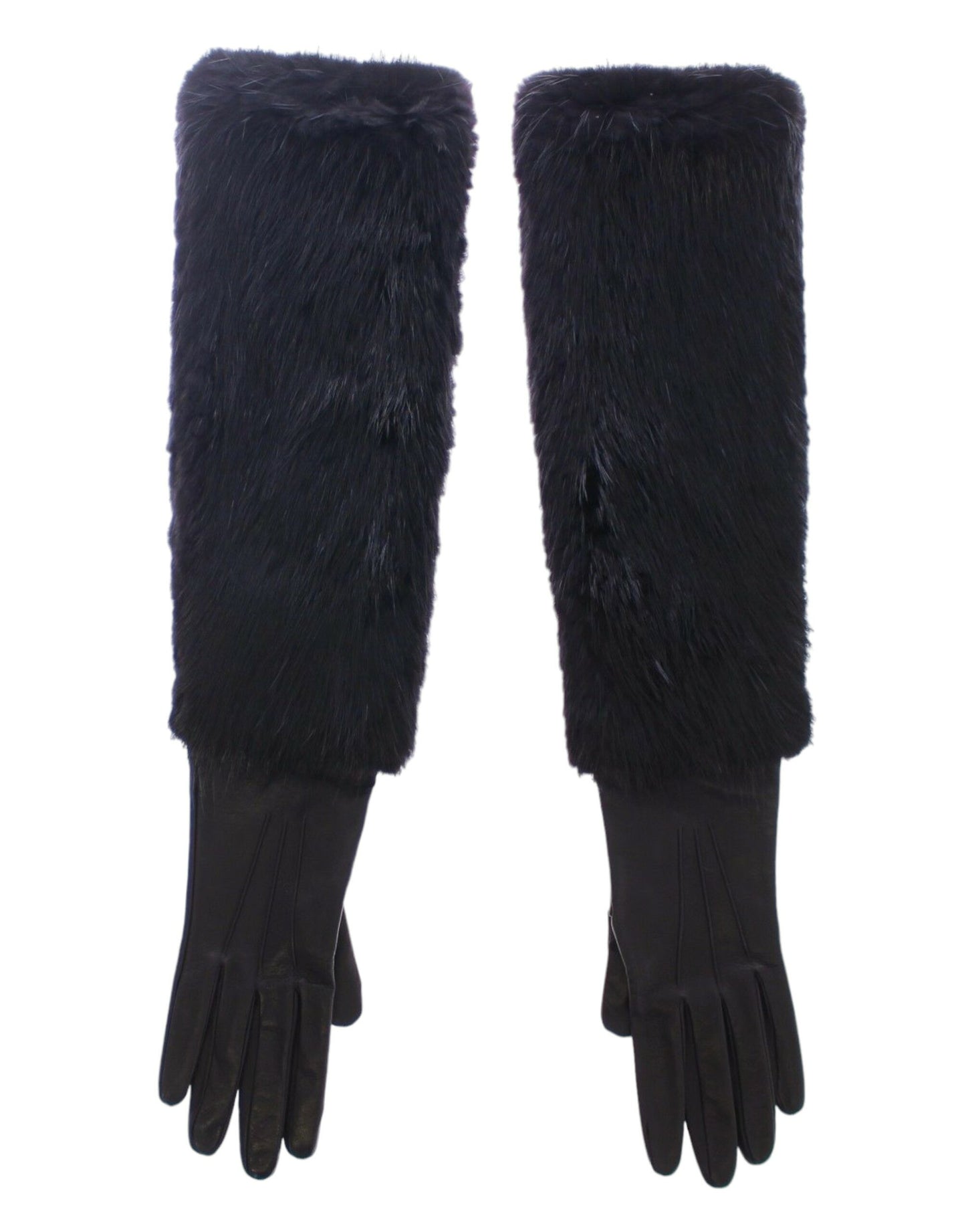 Dolce & Gabbana Black Beaver Fur Lambskin Leather Elbow Gloves