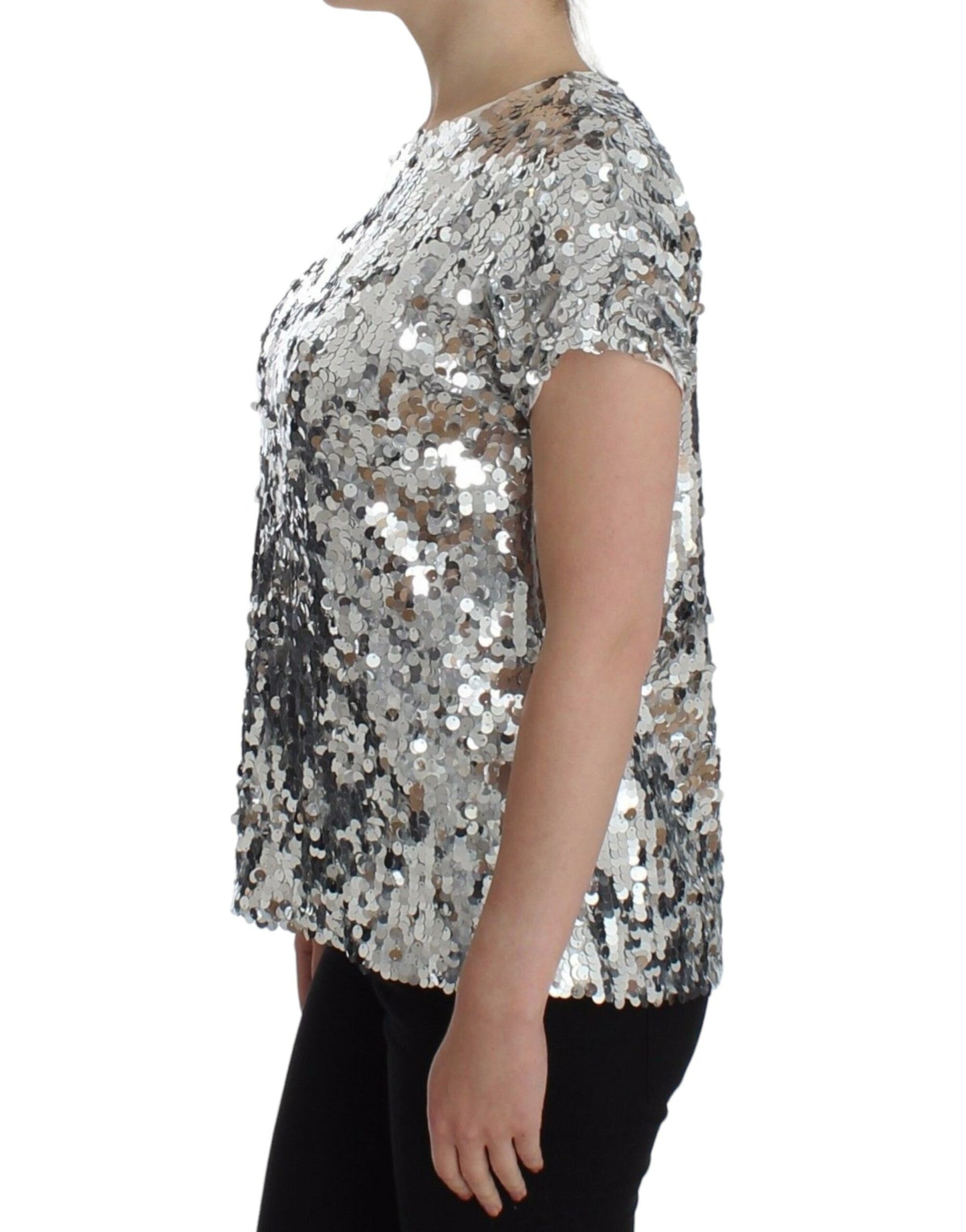 Dolce & Gabbana Silver Sequined Crewneck Blouse T-shirt Top