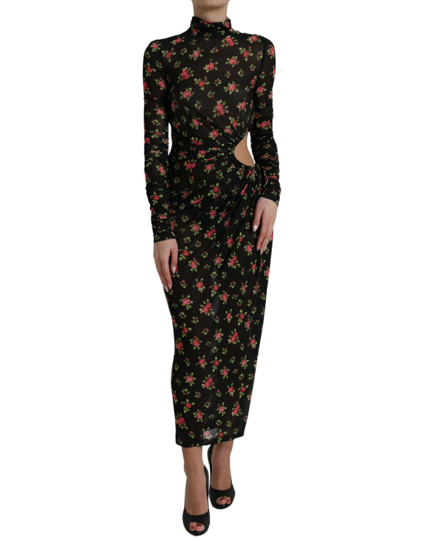 Dolce & Gabbana Black Floral Cut Out Sheath Long Maxi Dress