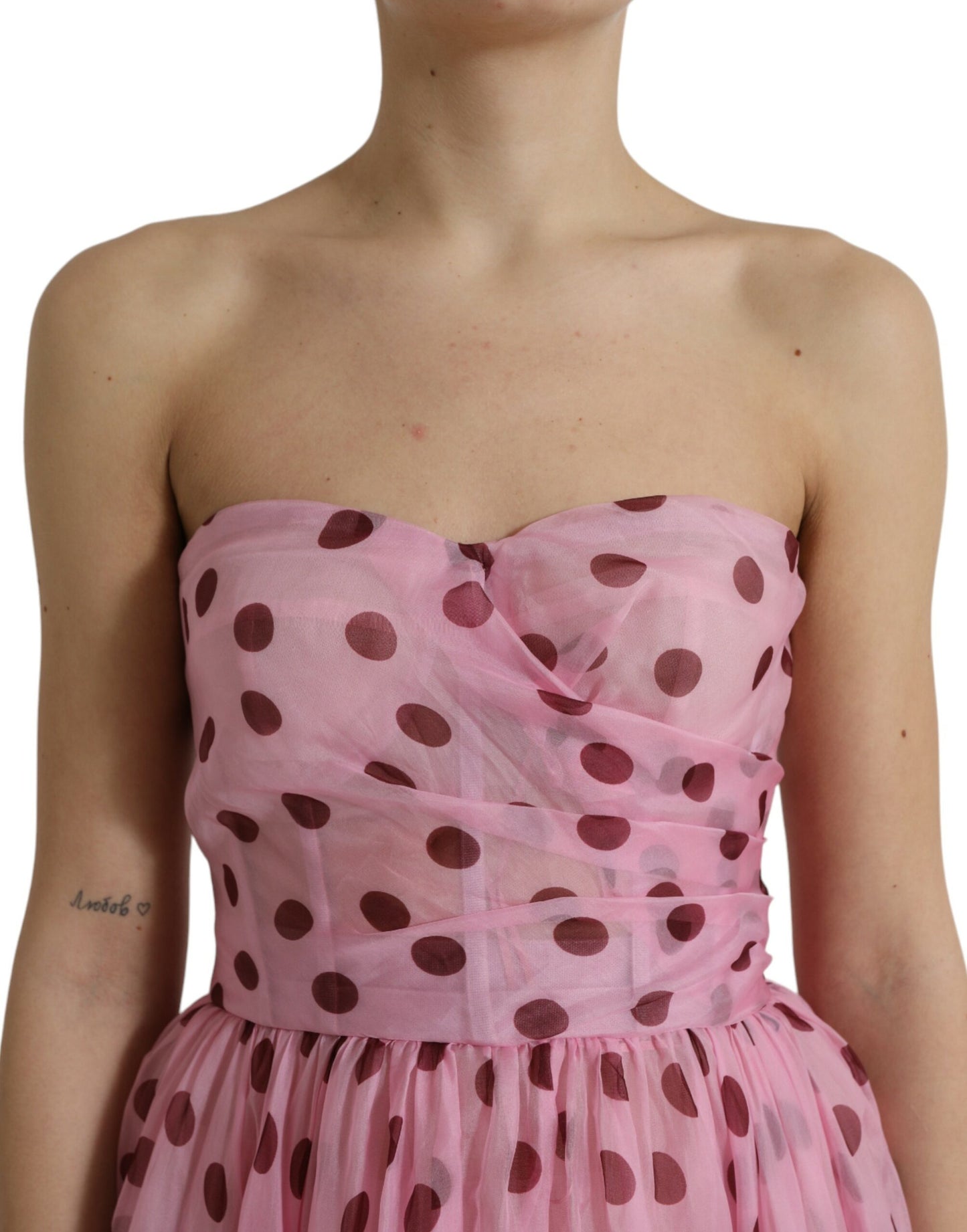 Dolce & Gabbana Chic Pink Polka Dot Strapless Silk Dress