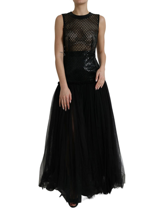 Dolce & Gabbana Black Sequined Openwork Mesh Sleeveless Layered Dress