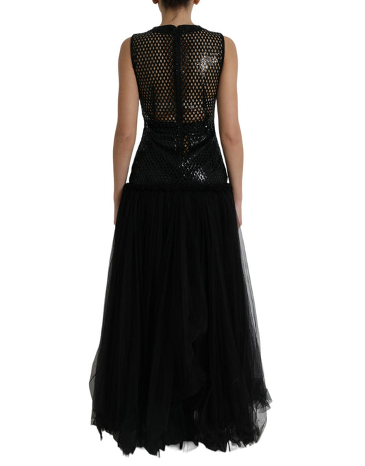 Dolce & Gabbana Black Sequined Openwork Mesh Sleeveless Layered Dress