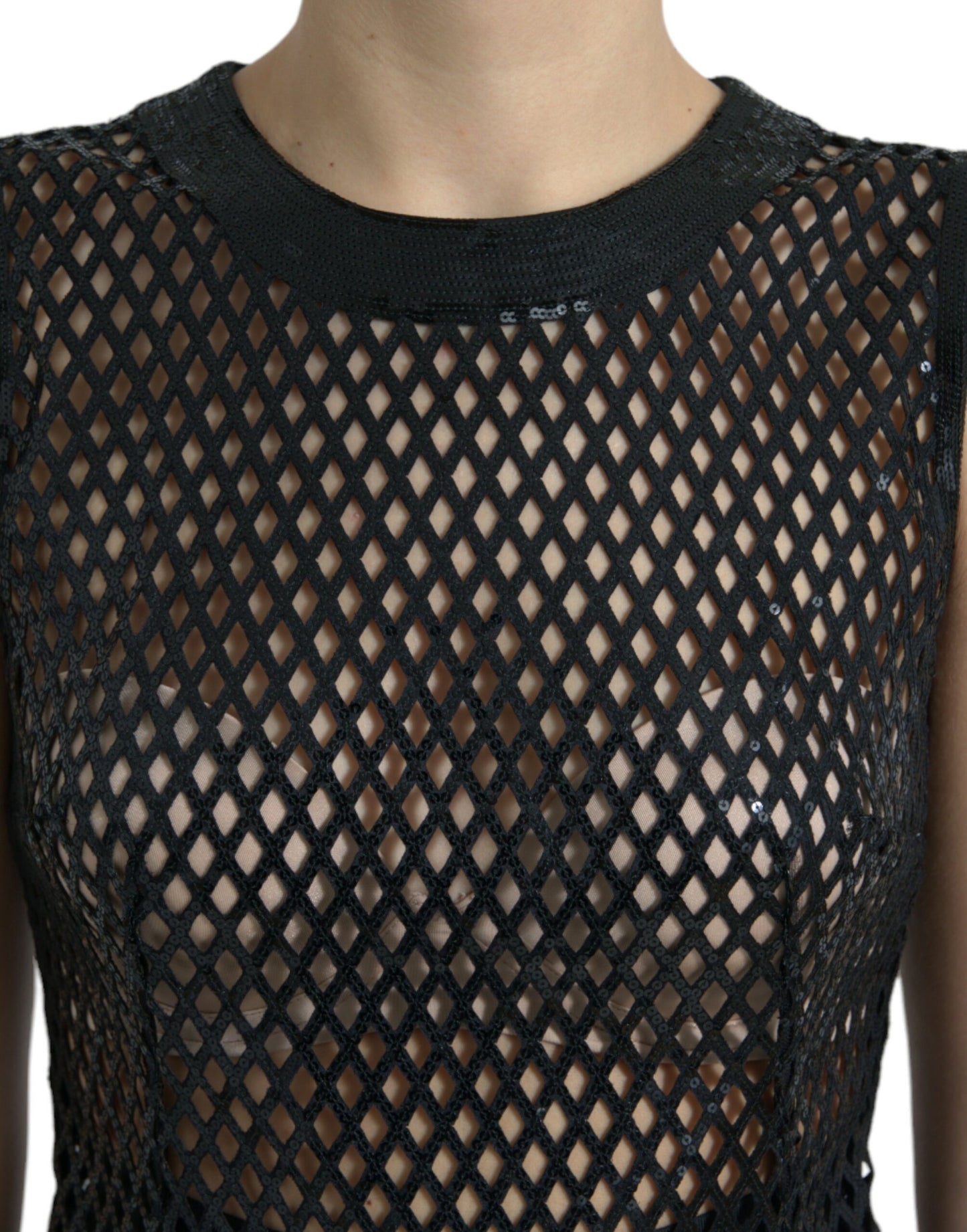 Dolce & Gabbana Black Sequined Openwork Mesh Sleeveless Layered Dress