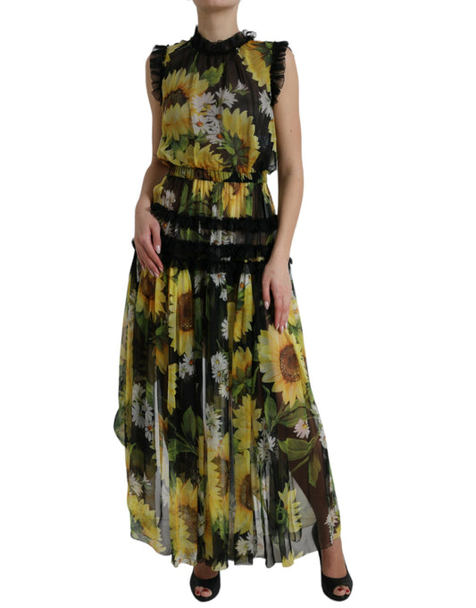 Dolce & Gabbana Black Sunflower A-line Pleated Maxi Dress