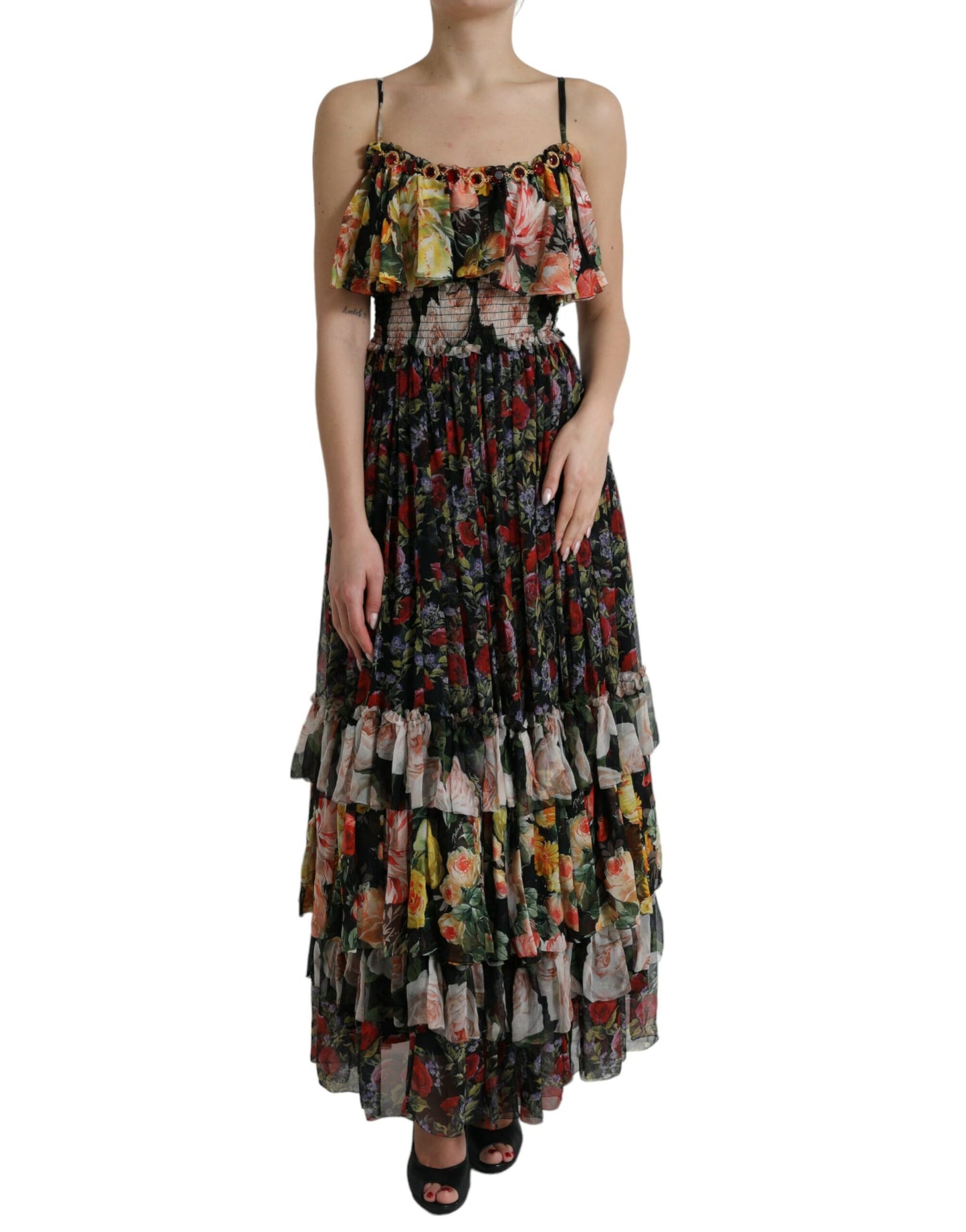 Dolce & Gabbana Multicolor Floral Chiffon Tiered Maxi Dress