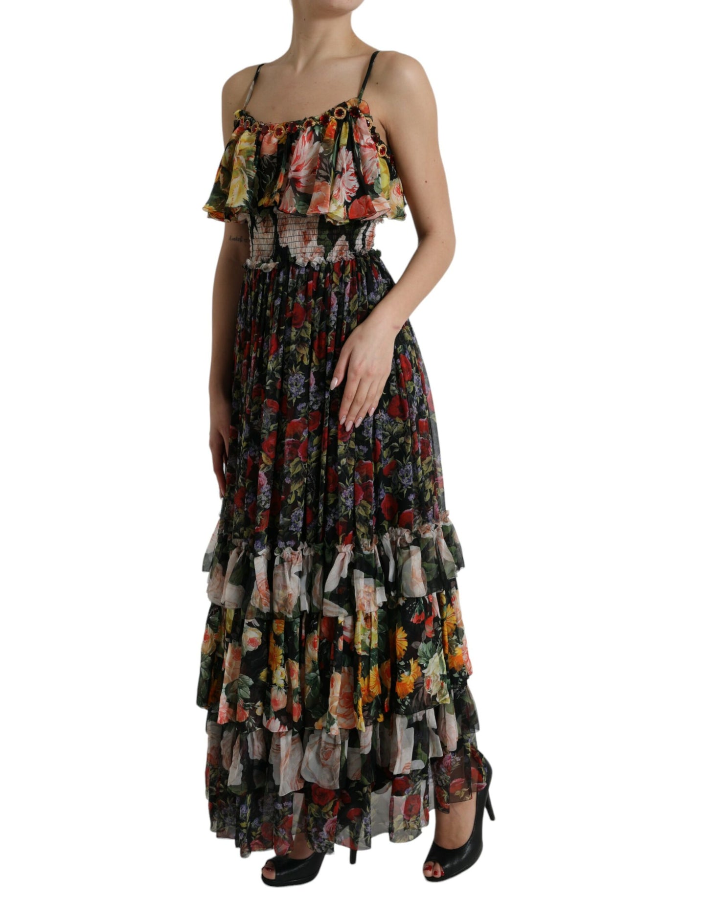 Dolce & Gabbana Multicolor Floral Chiffon Tiered Maxi Dress