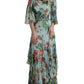 Dolce & Gabbana Blue Floral Print Embellished Belt Tiered Maxi Dress