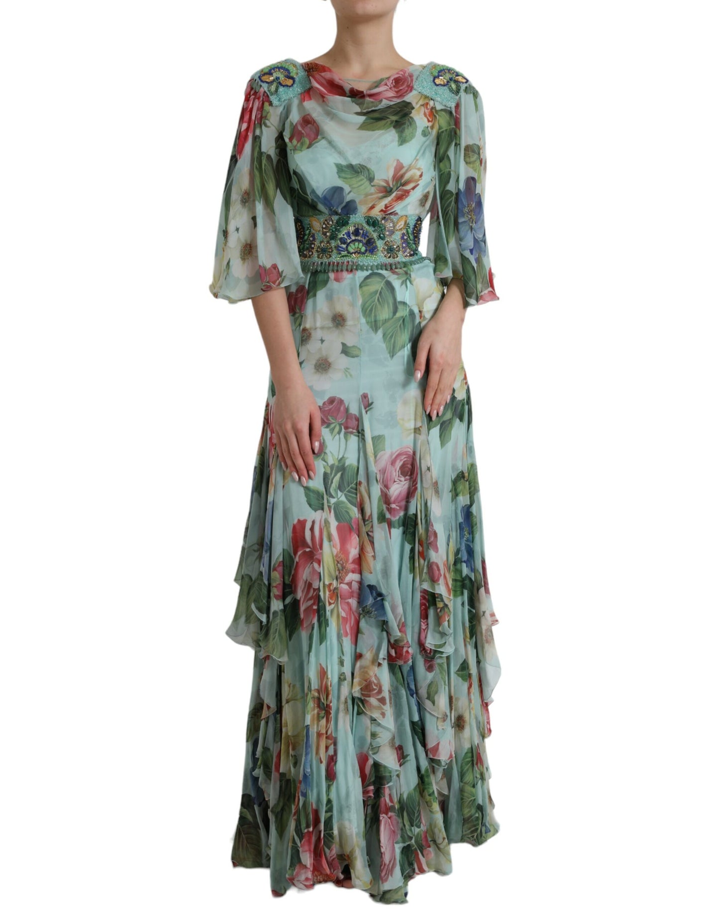 Dolce & Gabbana Blue Floral Print Embellished Belt Tiered Maxi Dress