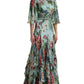 Dolce & Gabbana Blue Floral Print Embellished Belt Tiered Maxi Dress