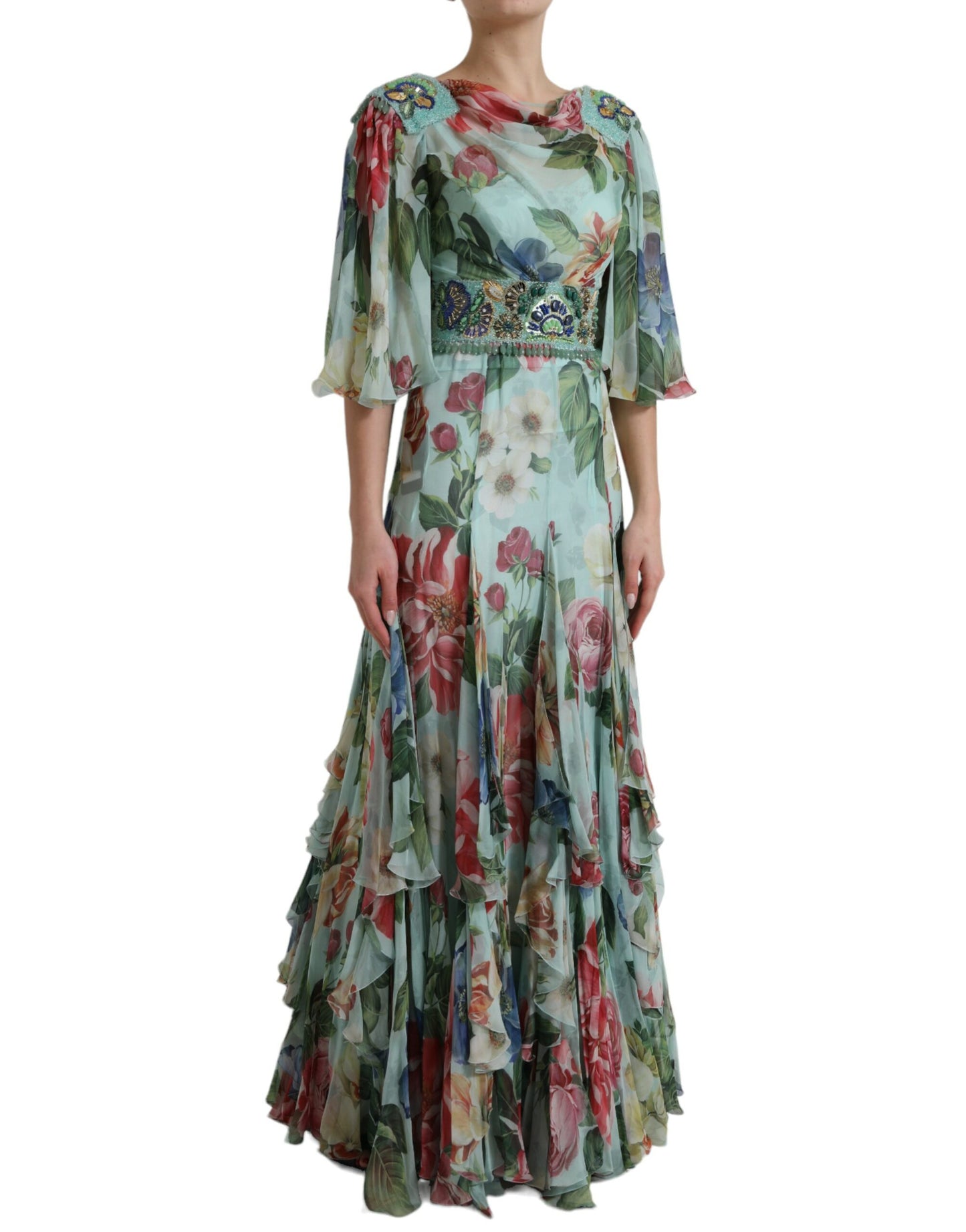 Dolce & Gabbana Blue Floral Print Embellished Belt Tiered Maxi Dress