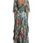 Dolce & Gabbana Blue Floral Print Embellished Belt Tiered Maxi Dress