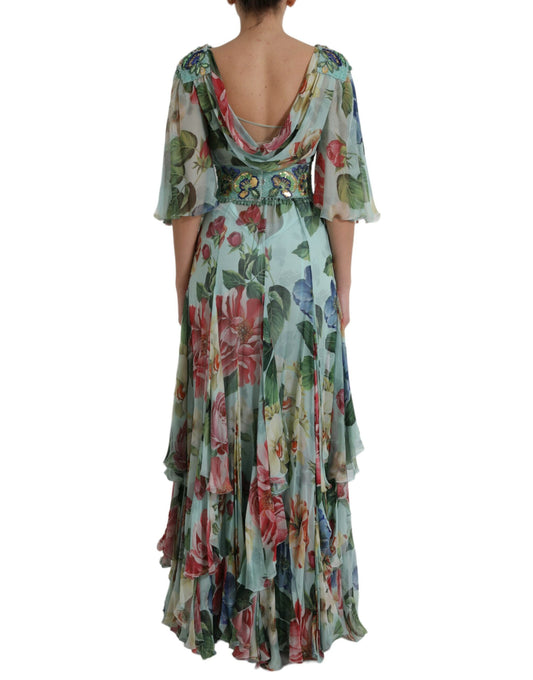 Dolce & Gabbana Blue Floral Print Embellished Belt Tiered Maxi Dress