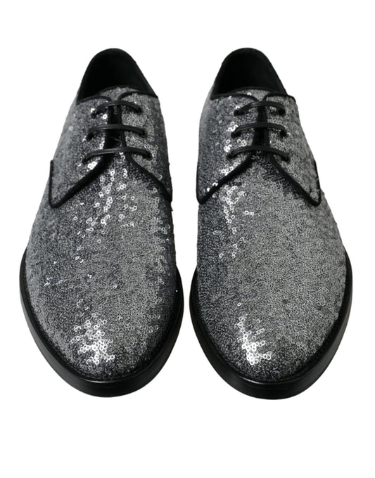 Dolce & Gabbana Silver Sequined Lace Up Men Derby Dress Shoes