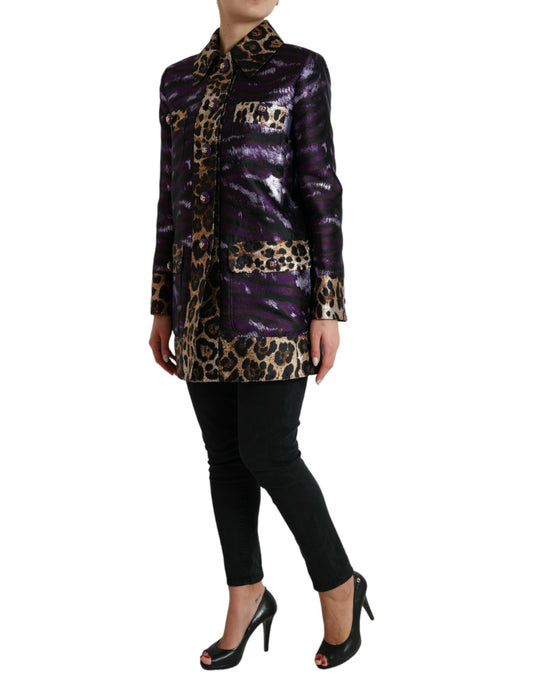 Dolce & Gabbana Purple Lamé Jacquard Tiger Print Coat Jacket