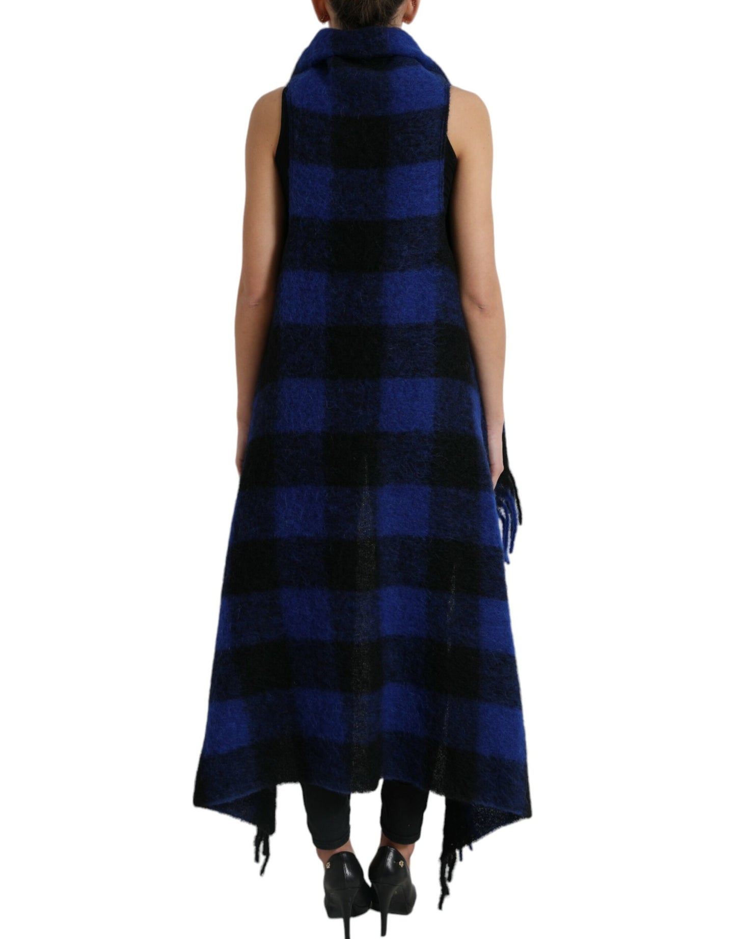 Dolce & Gabbana Black Blue Buffalo Check Poncho Coat Sweater