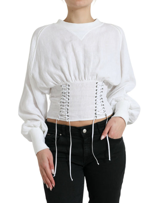 Dolce & Gabbana White Corset Cropped Long Sleeves Top