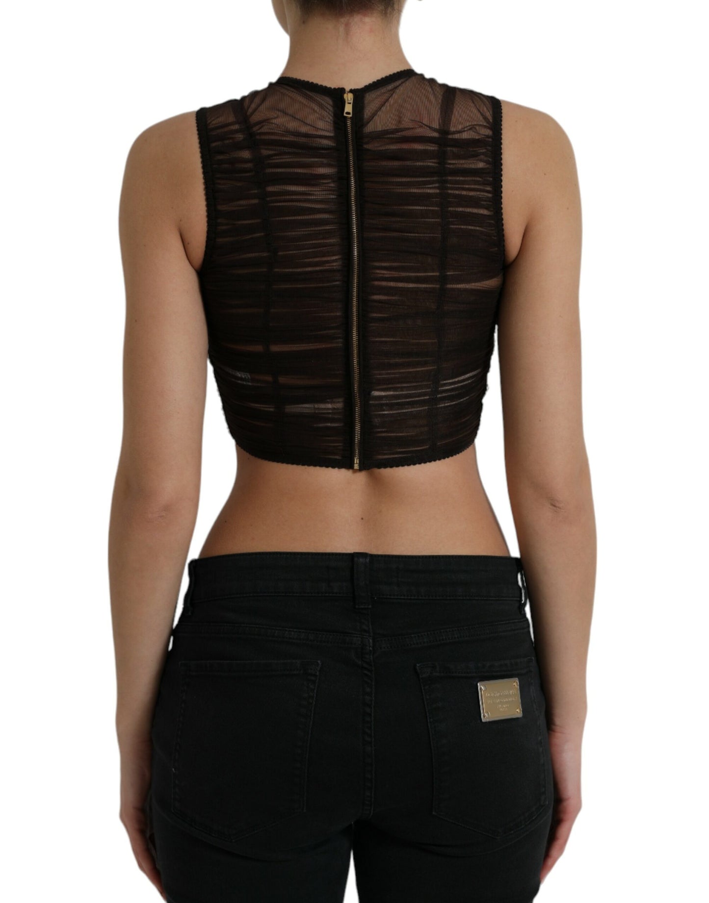 Dolce & Gabbana Brown Embellished Nylon Stretch Cropped Top