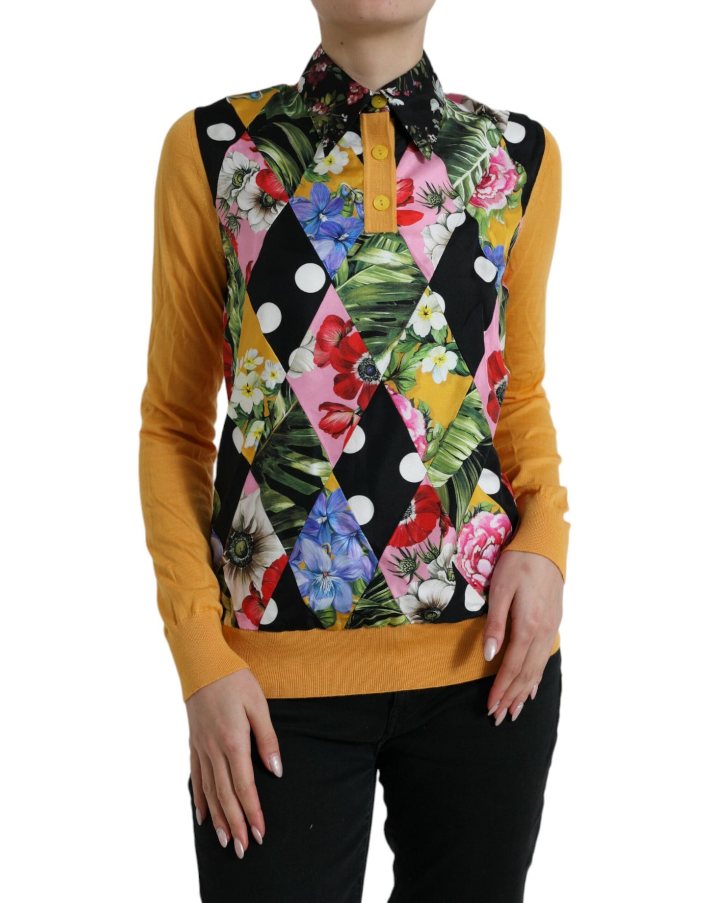 Dolce & Gabbana Yellow Multicolor Patchwork Cashmere Henley Sweater