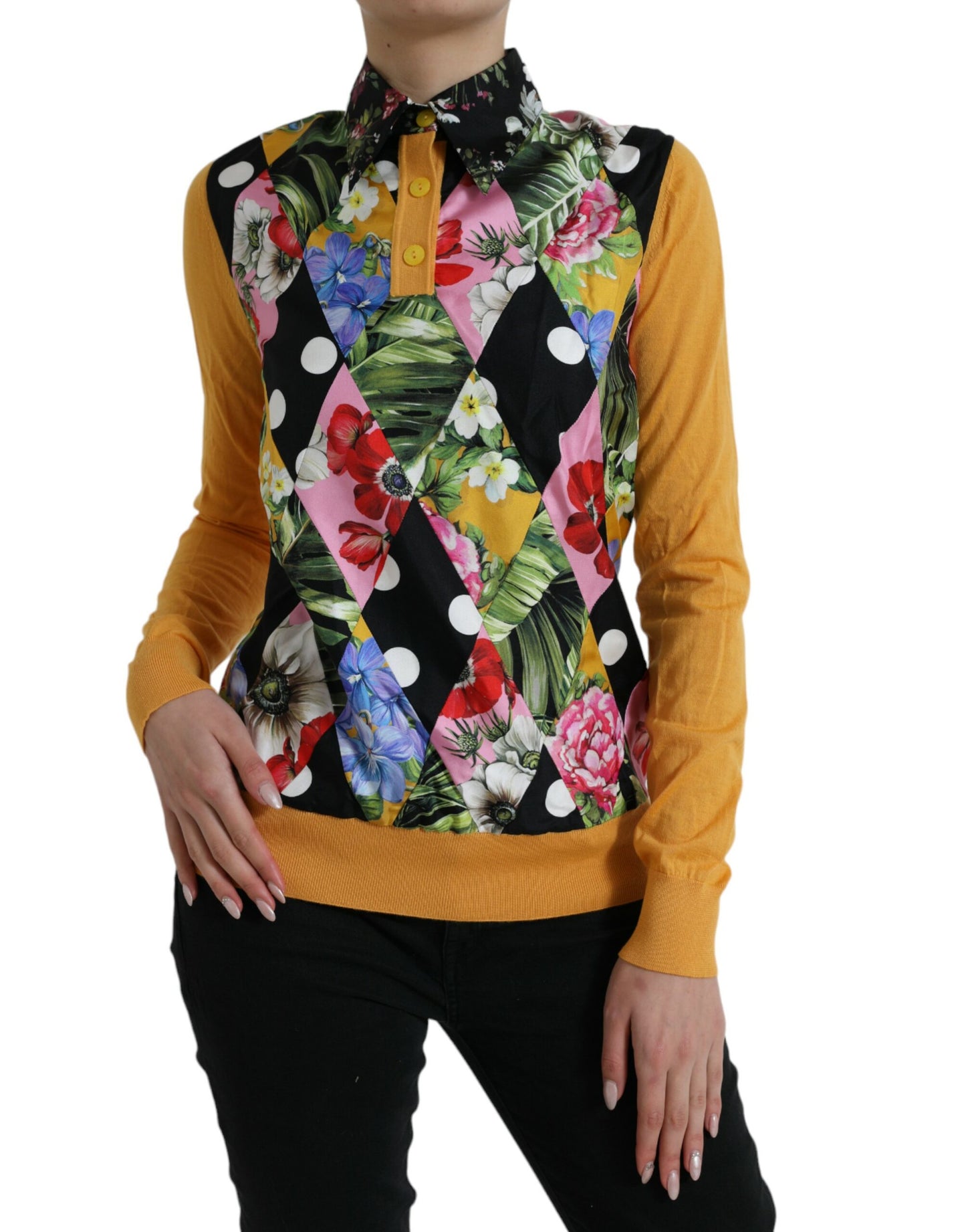 Dolce & Gabbana Yellow Multicolor Patchwork Cashmere Henley Sweater