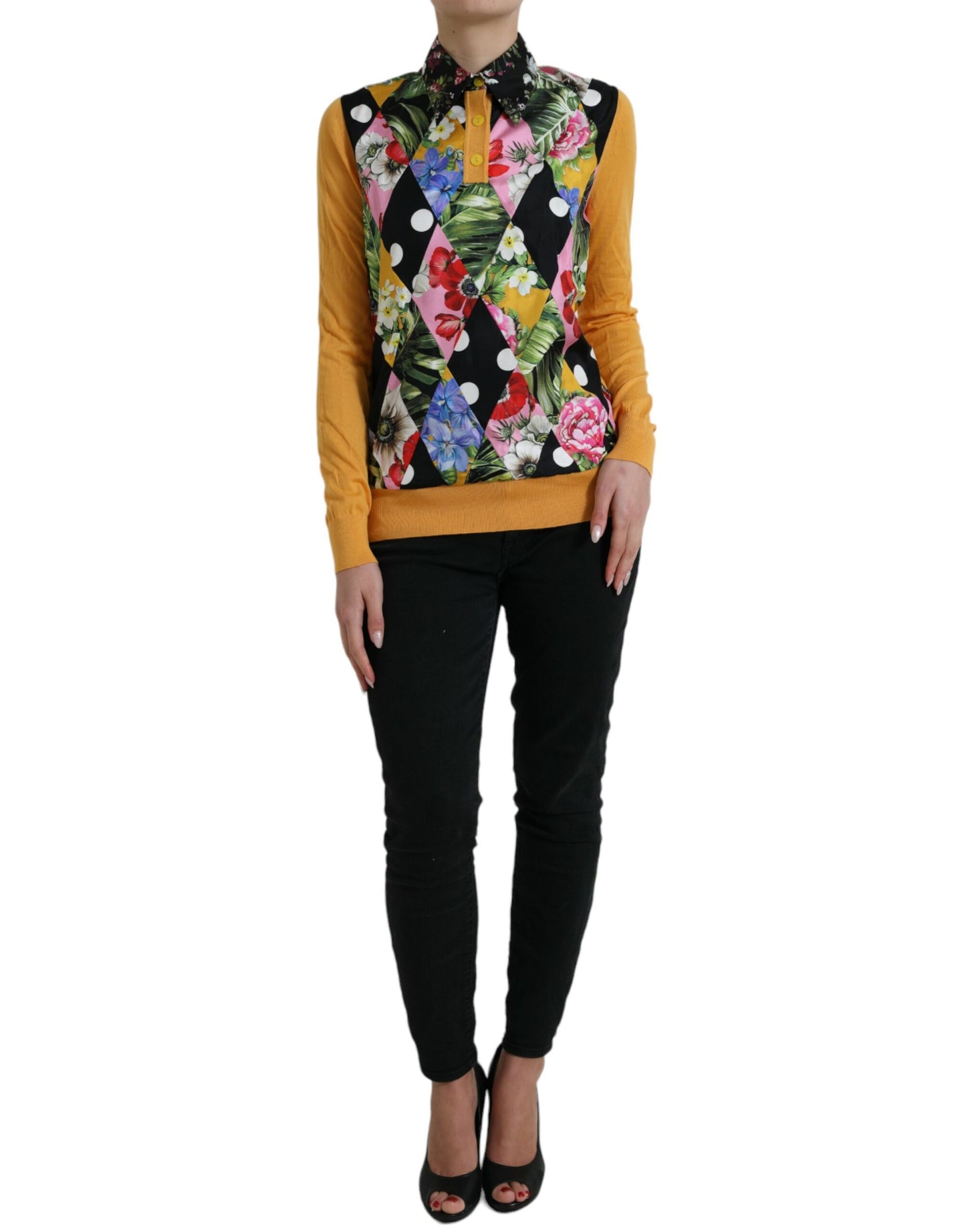 Dolce & Gabbana Yellow Multicolor Patchwork Cashmere Henley Sweater