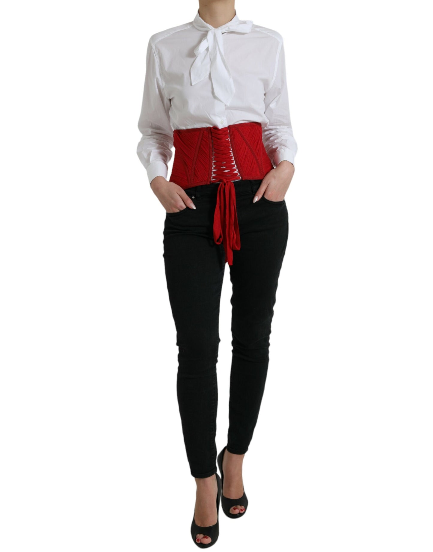 Dolce & Gabbana Red Silk Waist Lace Up Corset Belt