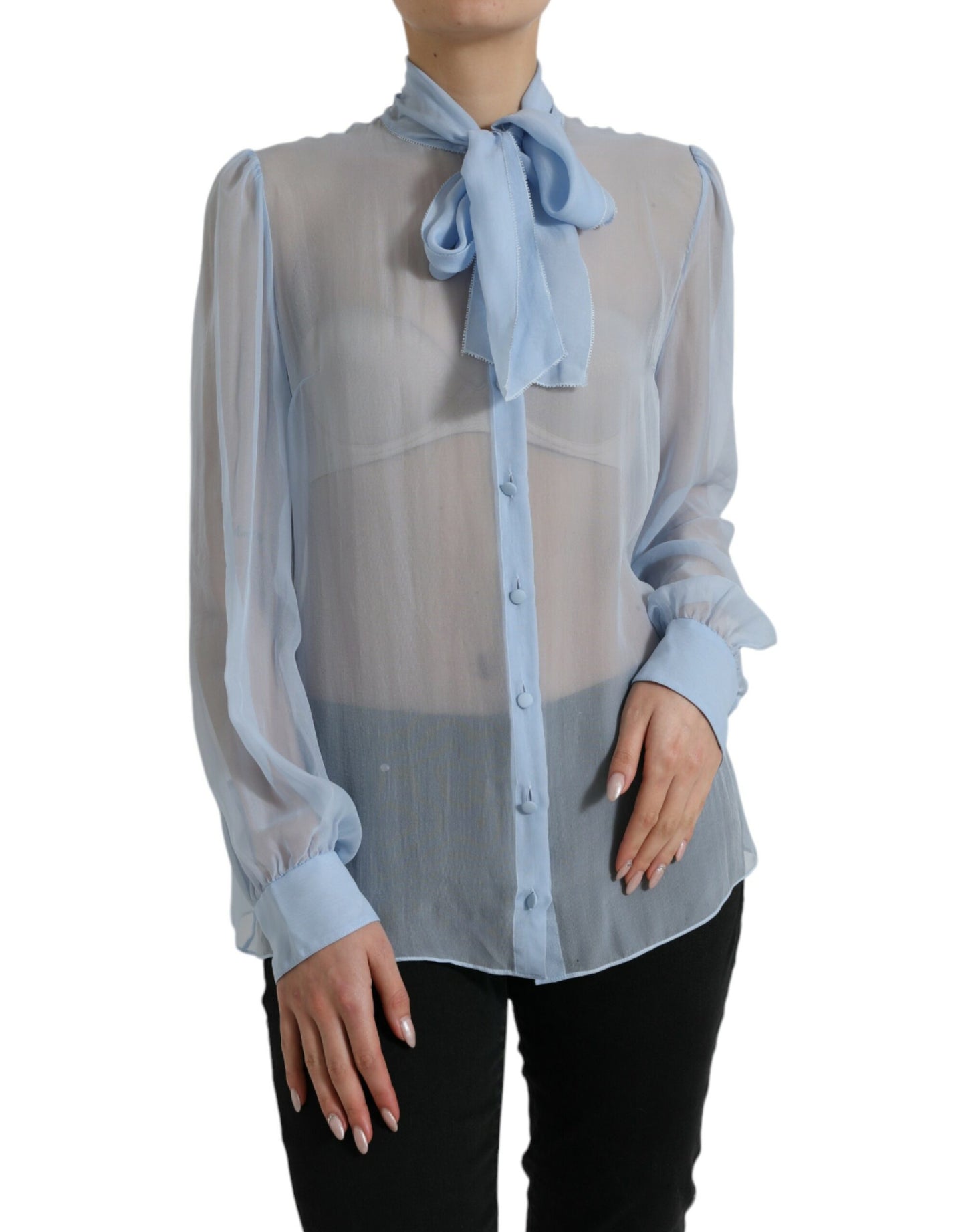 Dolce & Gabbana Blue Sheer Ascot Collar Blouse