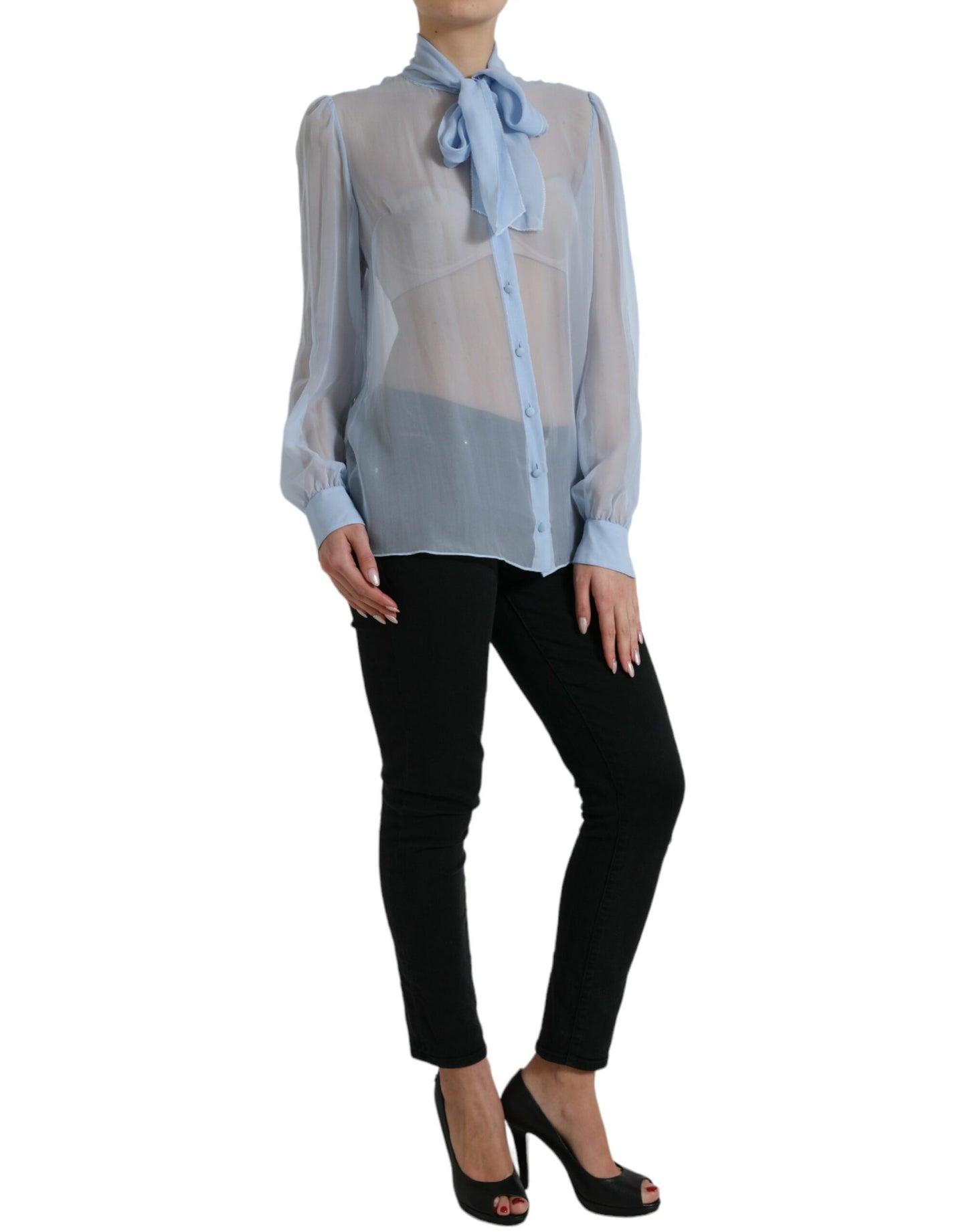 Dolce & Gabbana Blue Sheer Ascot Collar Blouse