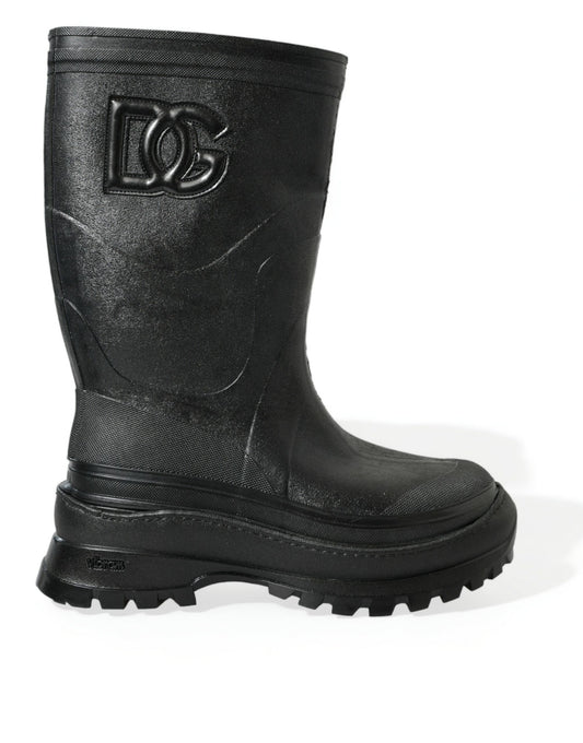 Dolce & Gabbana Black Embossed Metallic Rubber Boots Shoes