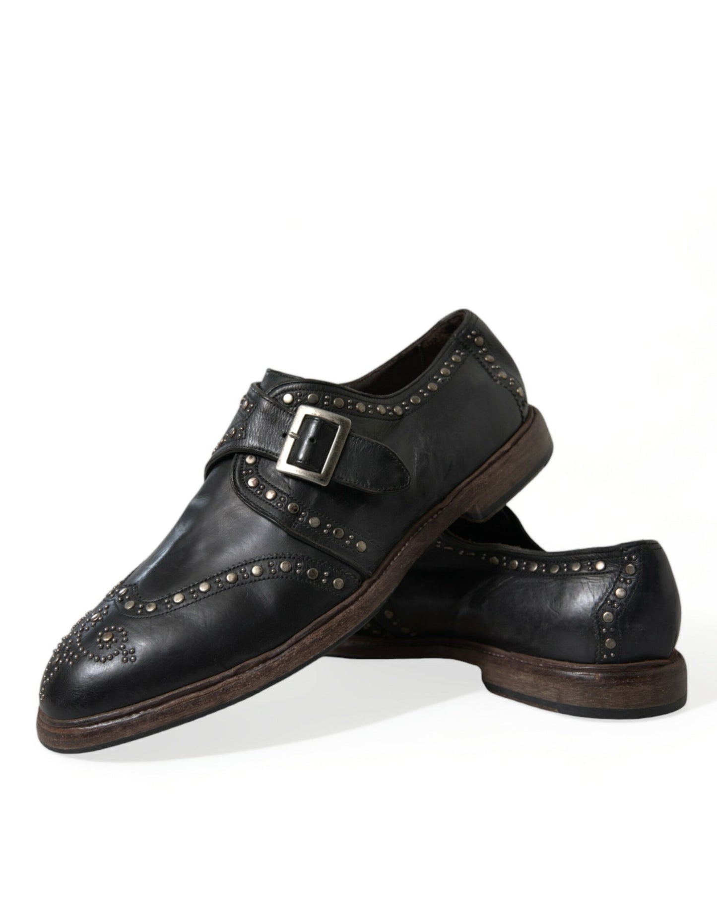 Dolce & Gabbana Black Leather Monk Strap Studded Dress Shoes